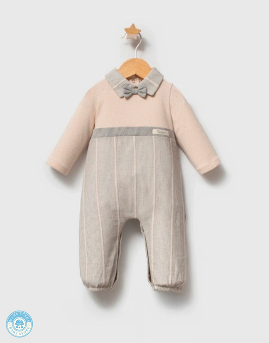 Gray cotton bow tie outfit set for baby boys with striped trousers and elegant bow tie detail