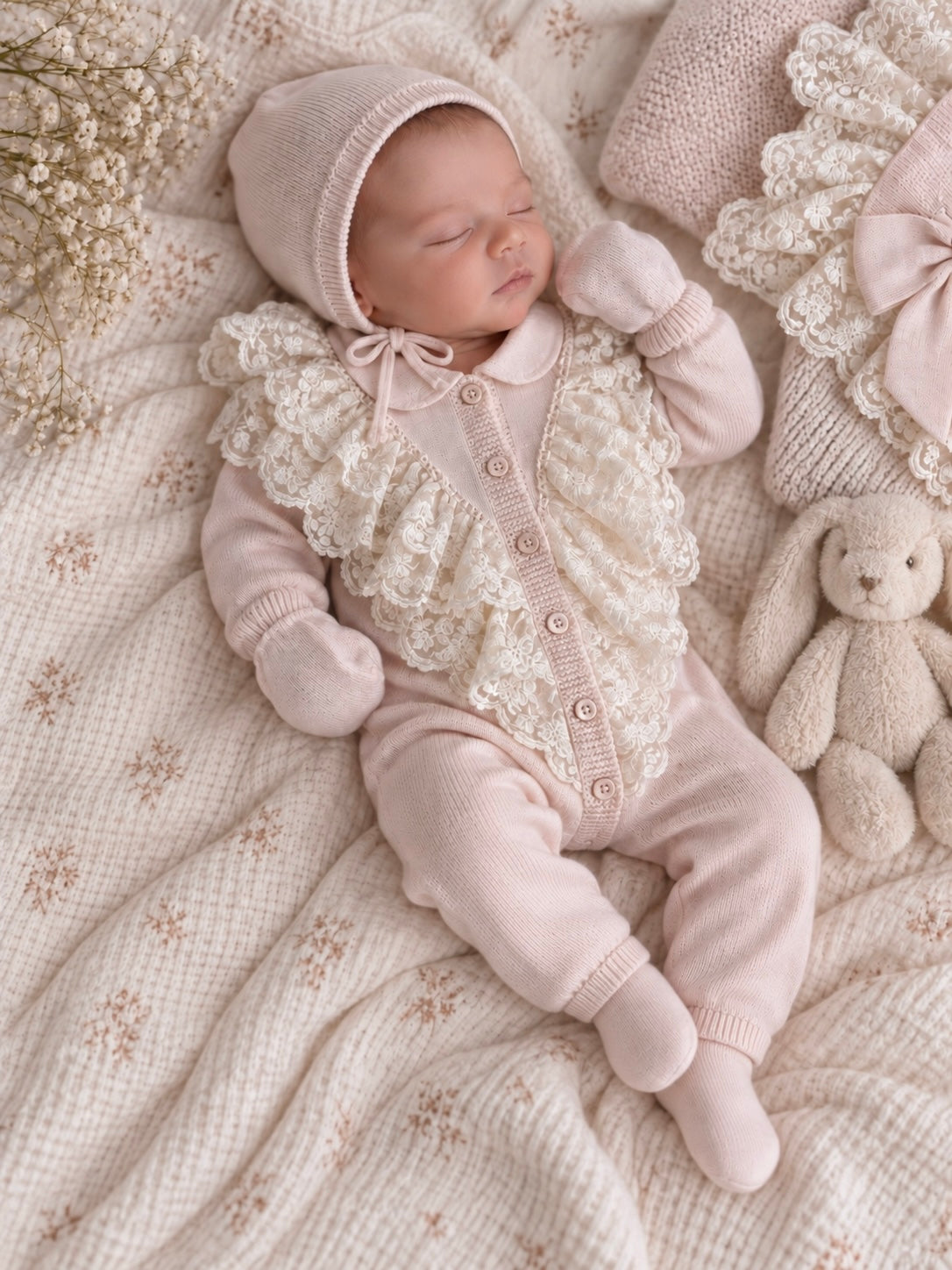 Amélie Newborn Cotton Knit Lace Set 5 piece