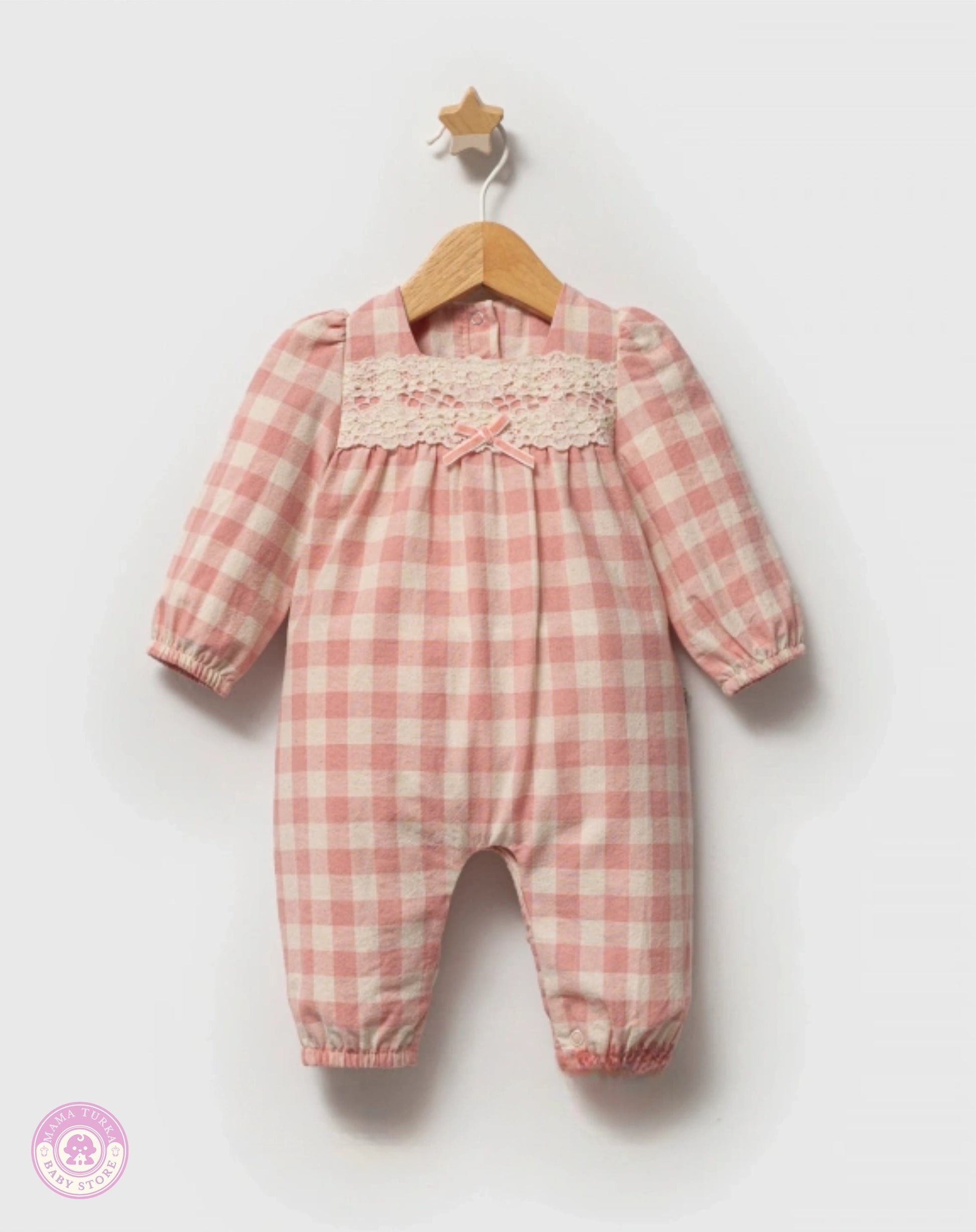 Pink checkered cotton jumpsuit for baby girls with long sleeves, lace detail and bow accent