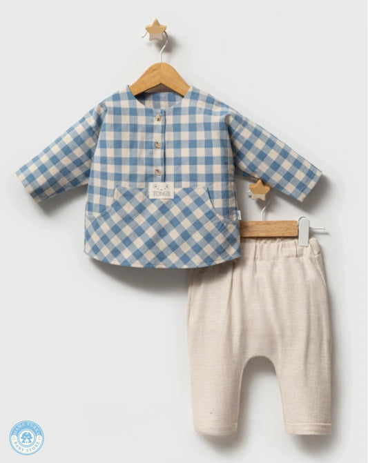 Baby boy outfit set with plaid shirt and beige pants in cotton and linen