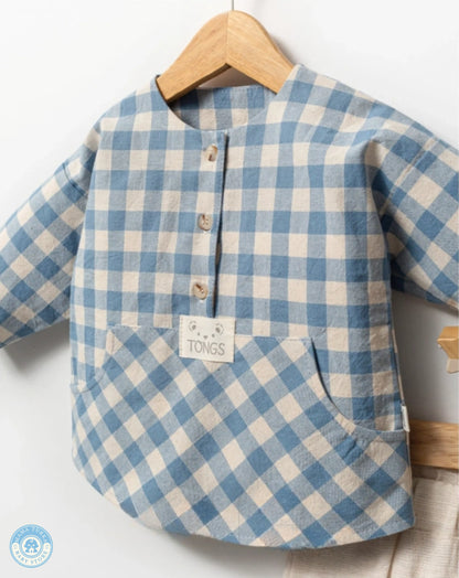 Baby boy plaid cotton shirt in blue and beige with buttons and pocket