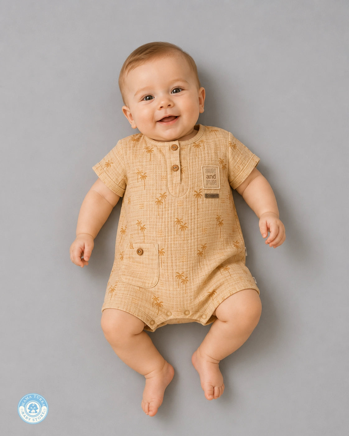 Baby wearing sand beige muslin romper with palm print and wooden buttons