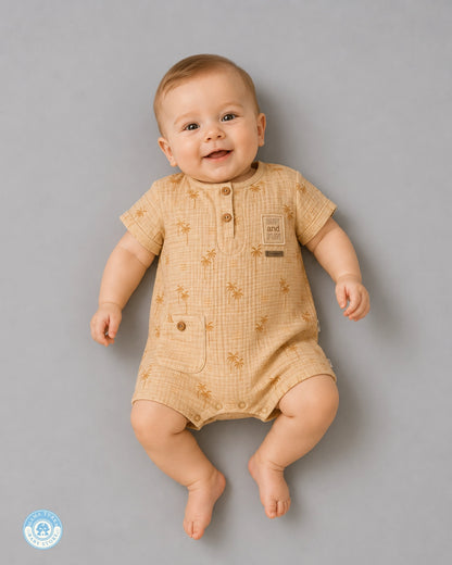 Baby wearing sand beige muslin romper with palm print and wooden buttons