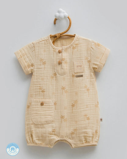 Baby boy summer muslin romper in sand beige with palm print and front pocket
