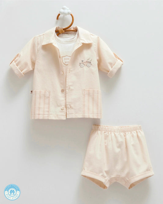 Baby boy summer outfit set in light beige with shirt and shorts by Mama Turka