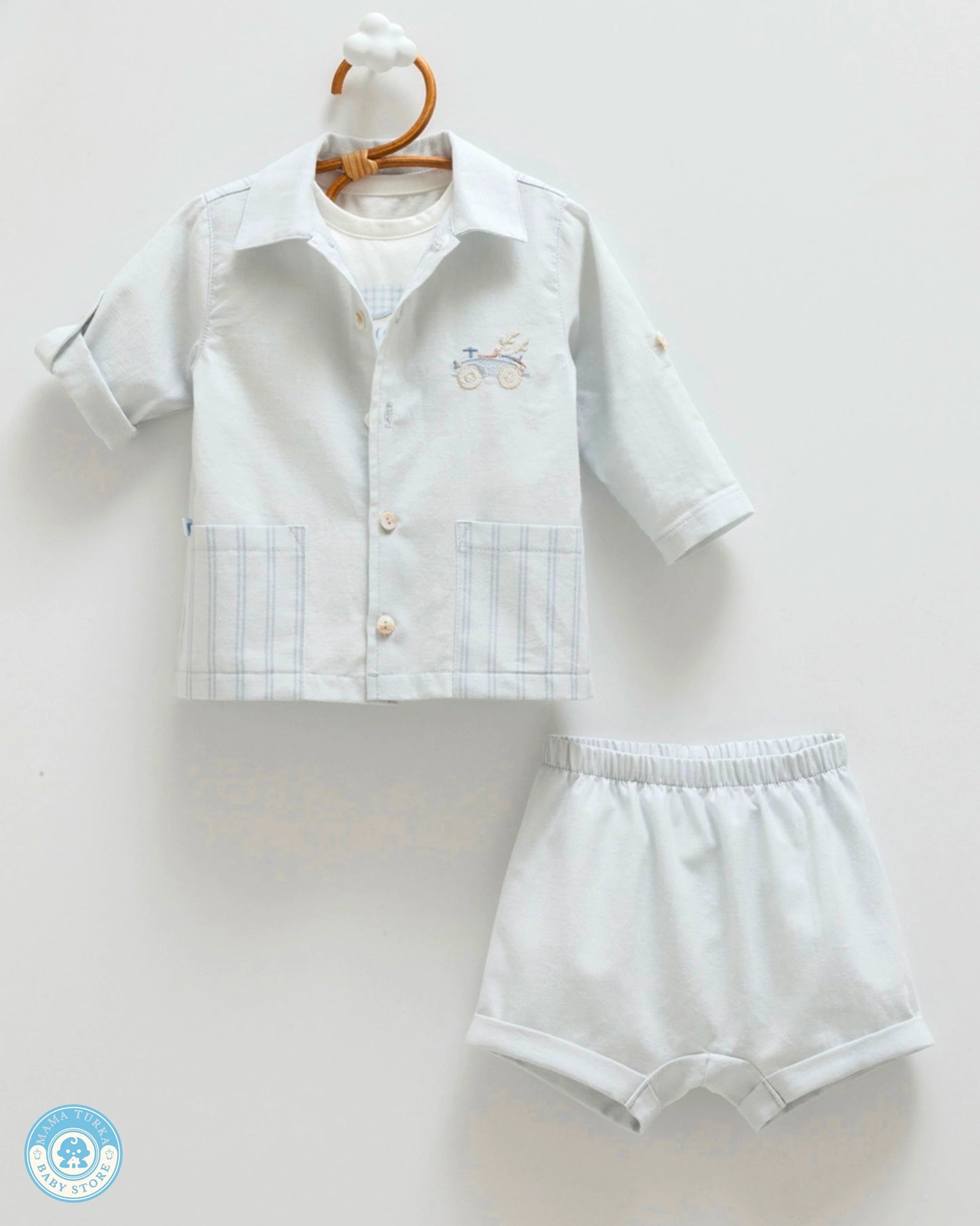 Baby boy summer outfit set in sky blue with lightweight shirt and shorts