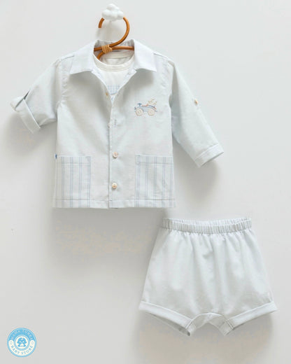 Baby boy summer outfit set in sky blue with lightweight shirt and shorts