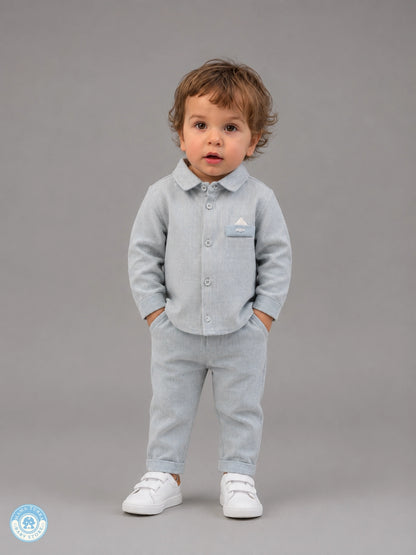 Baby boy wearing sky blue cotton suit set with shirt and trousers