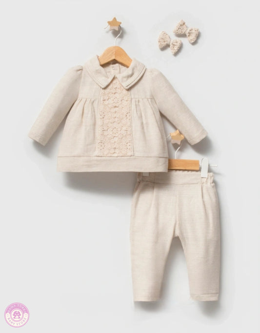 Baby girl lace outfit set with blouse, soft trousers and matching hair clips