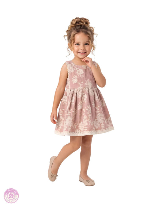Baby girl wearing elegant pink floral embroidered dress
