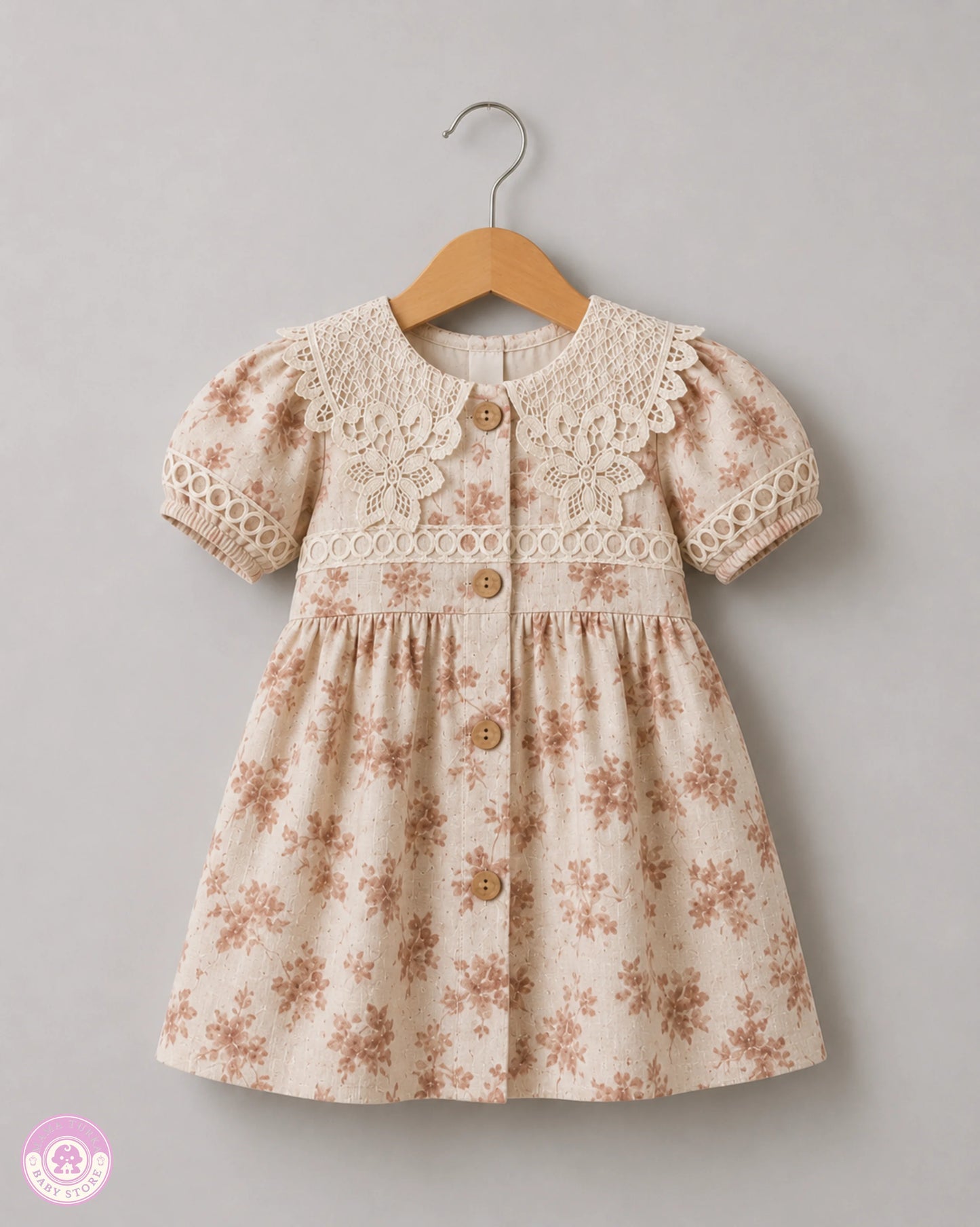 Beige floral girls cotton dress with lace details on hanger`