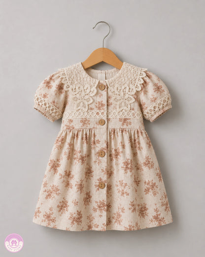 Beige floral girls cotton dress with lace details on hanger`