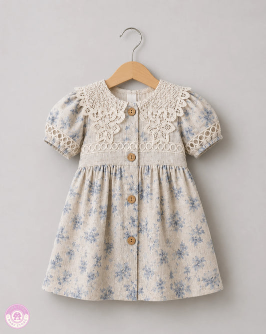 Blue floral girls cotton dress with lace details on hanger