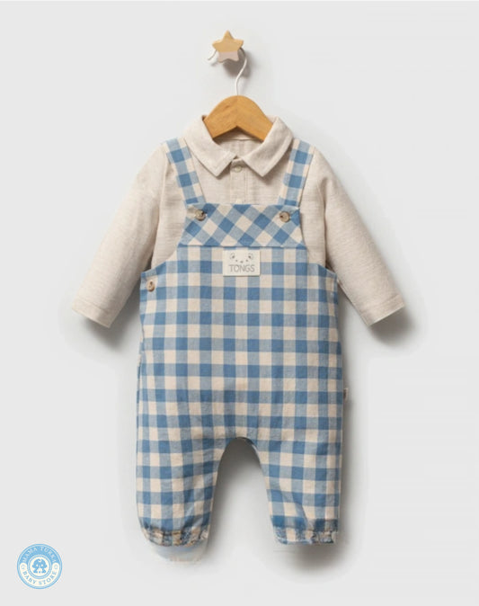Blue gingham baby boy overall set with cream shirt on hanger