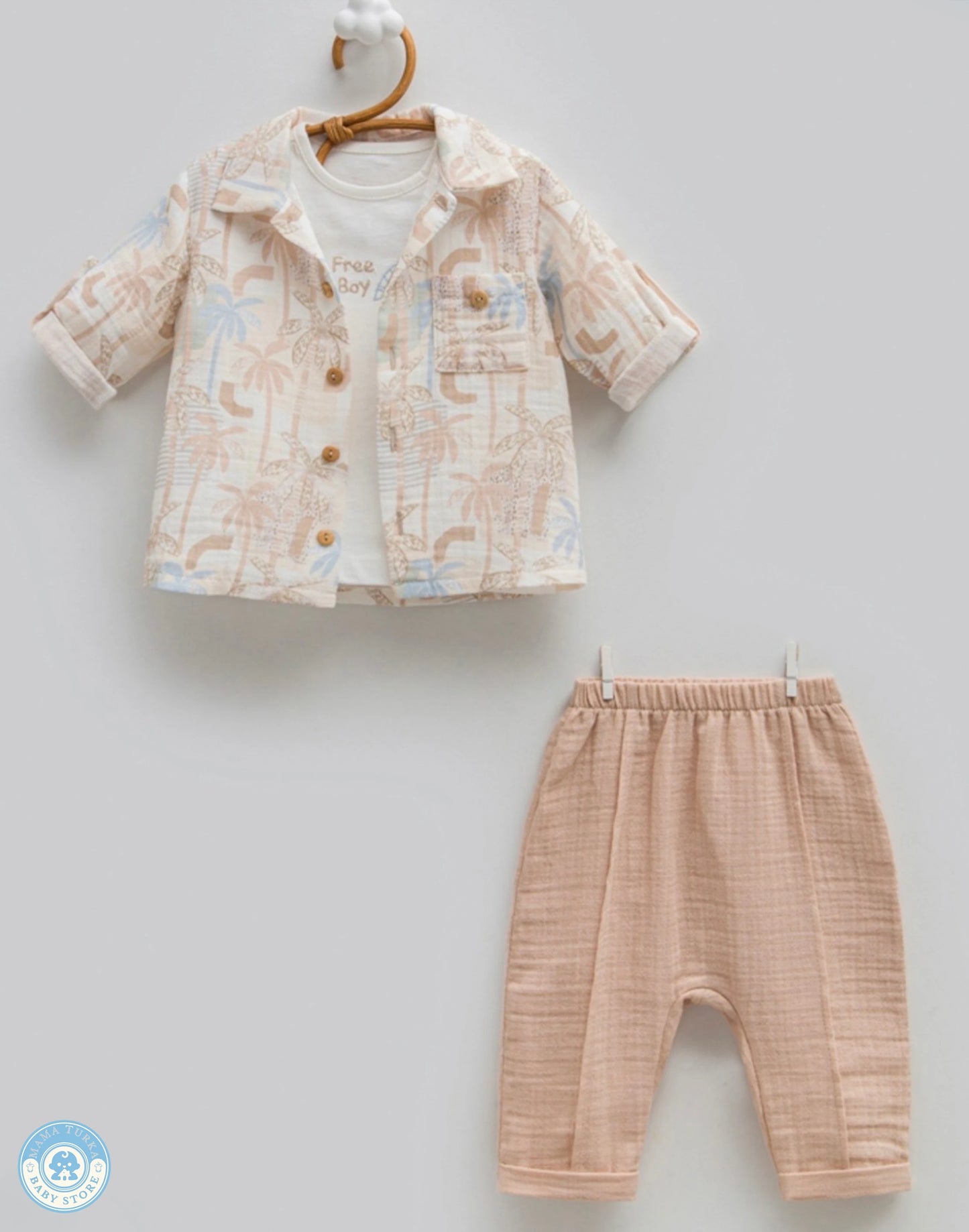 Brown boys 3-piece summer muslin set with tropical shirt and trousers