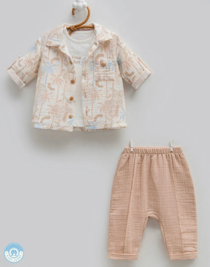 Brown boys 3-piece summer muslin set with tropical shirt and trousers