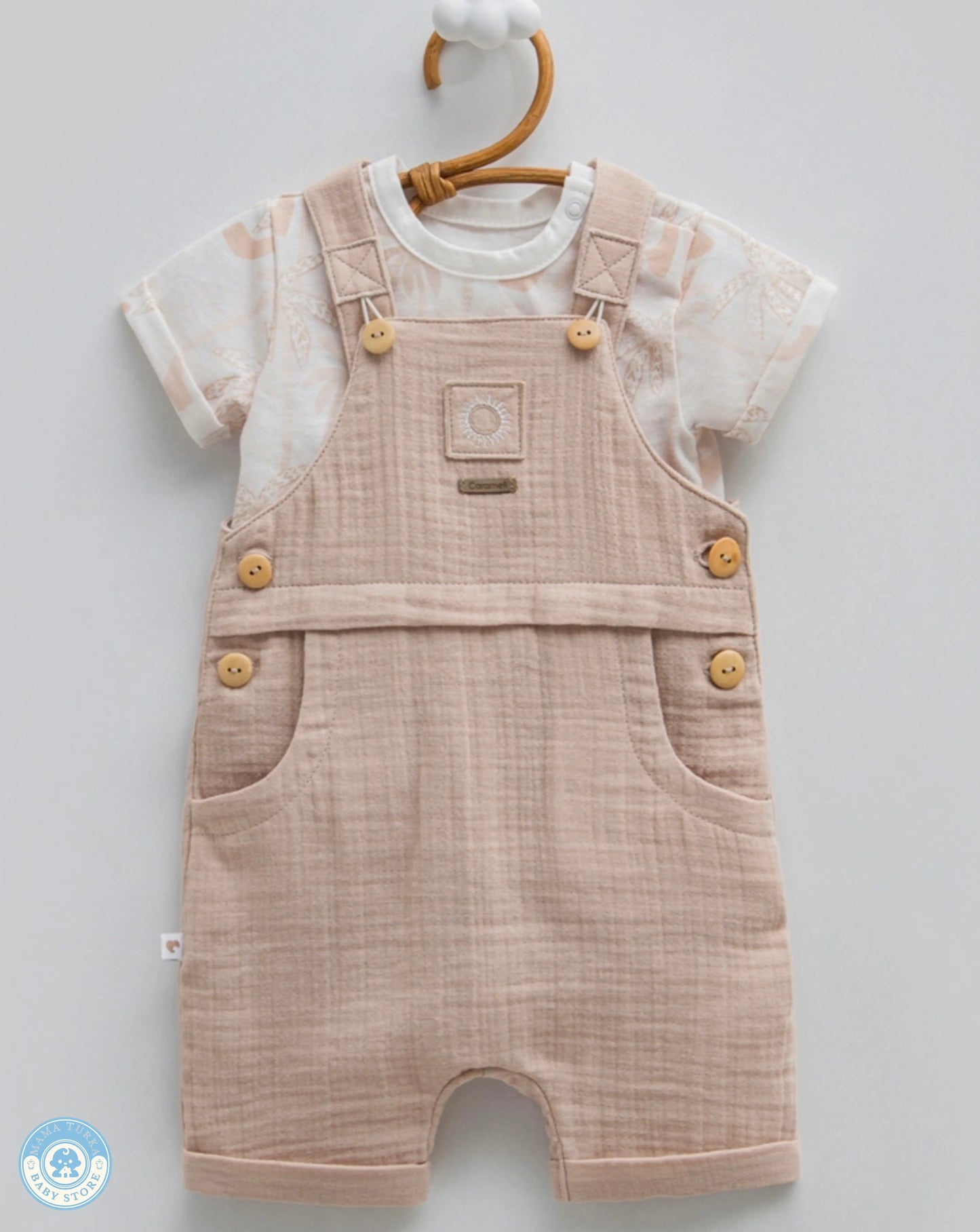 Front view of brown baby boy muslin romper set with T-shirt
