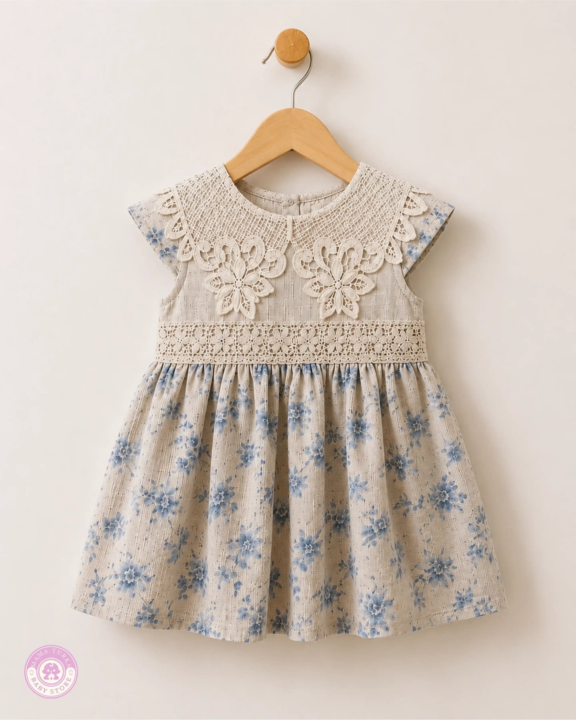 Baby girl wearing elegant cotton dress with lace details and blue floral print