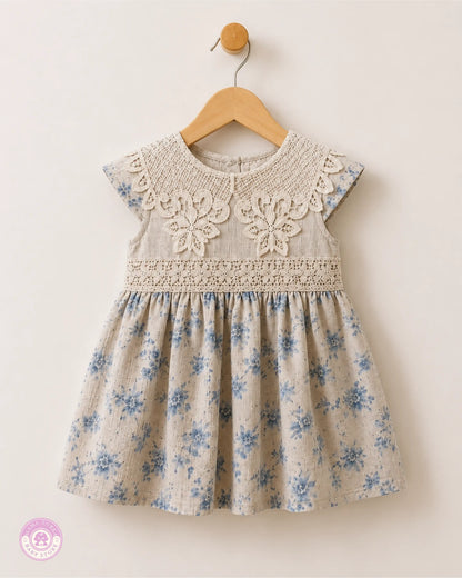 Baby girl wearing elegant cotton dress with lace details and blue floral print