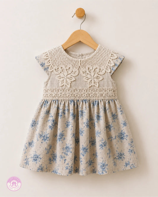 Baby girl wearing elegant cotton dress with lace details and blue floral print