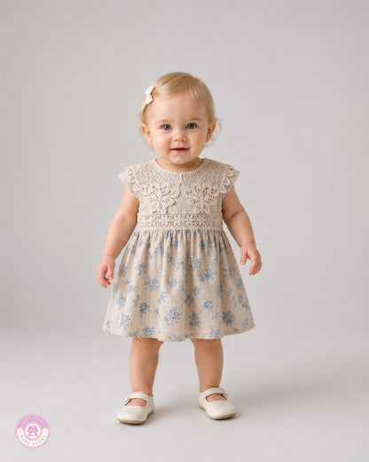 Baby girl wearing elegant cotton dress with lace details and blue floral print