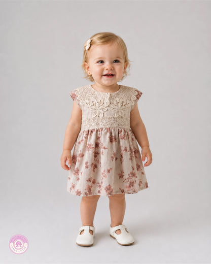 Baby girl wearing elegant cotton dress with lace details and pink floral print