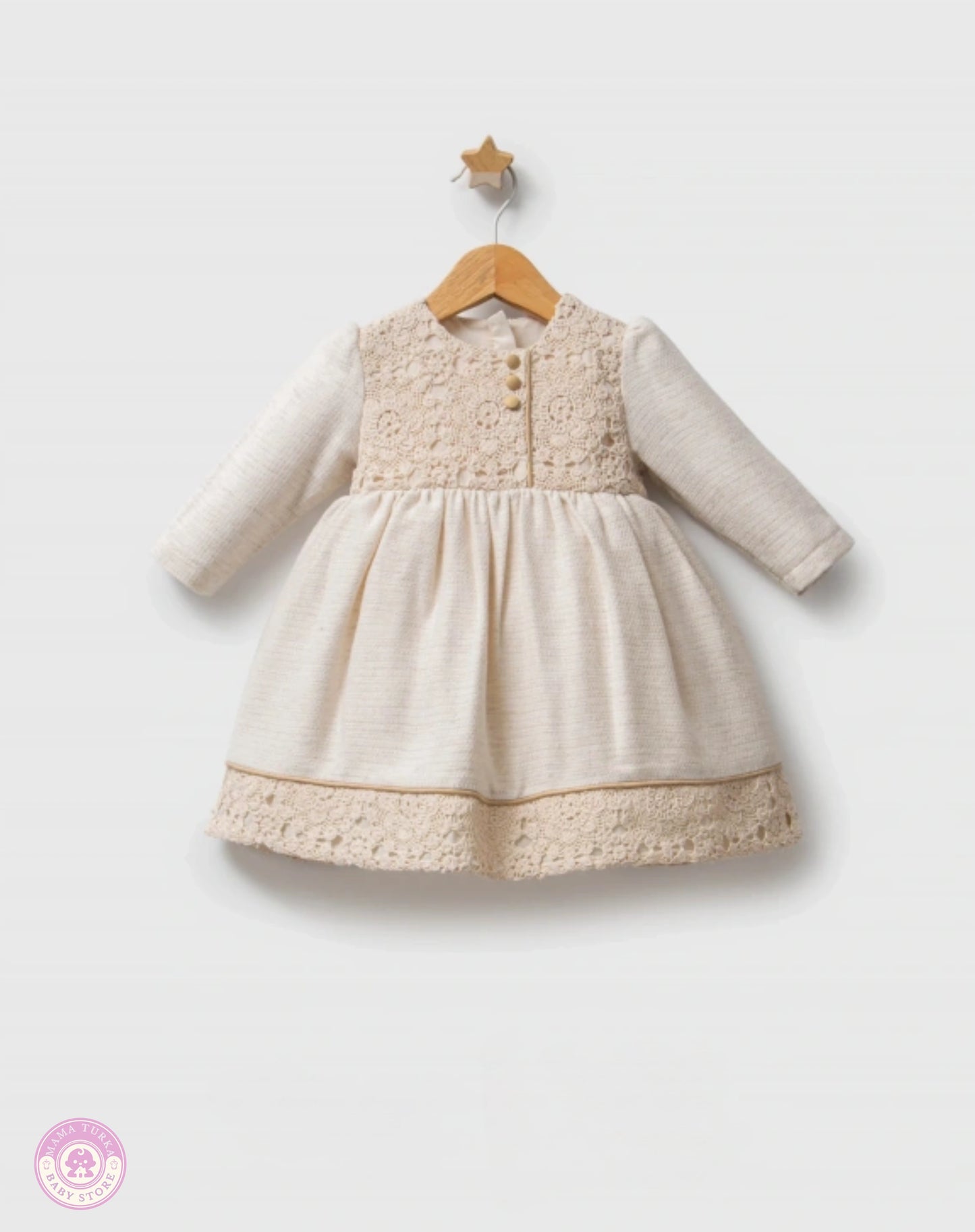 Elegant girls cotton lace dress with long sleeves on hanger
