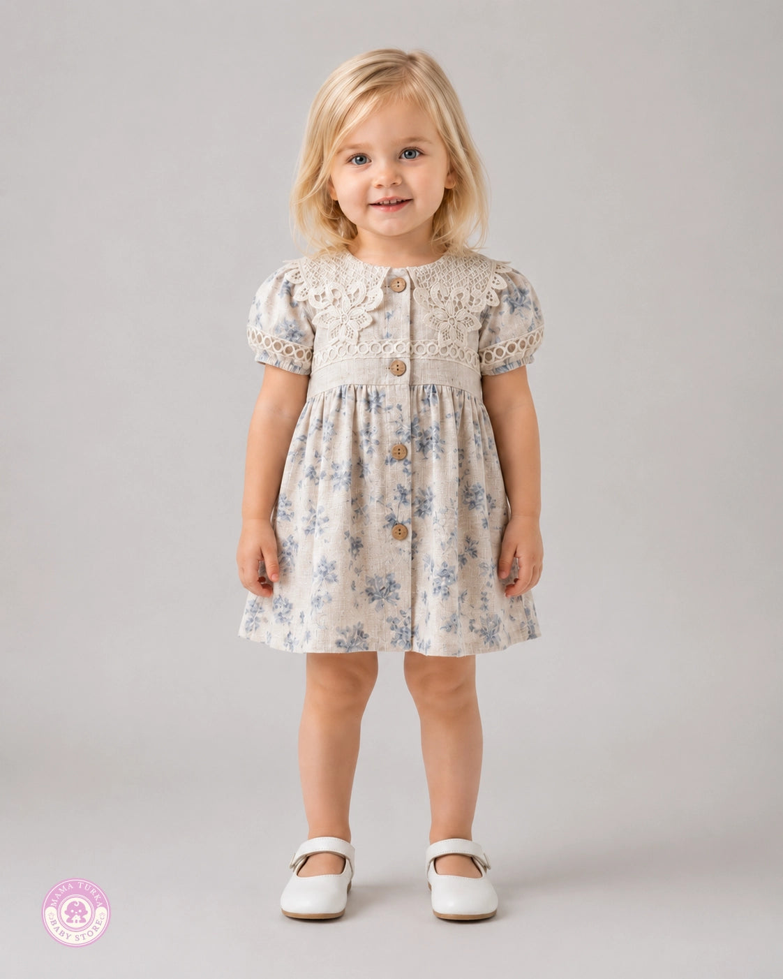 Girl wearing blue floral cotton dress with lace details