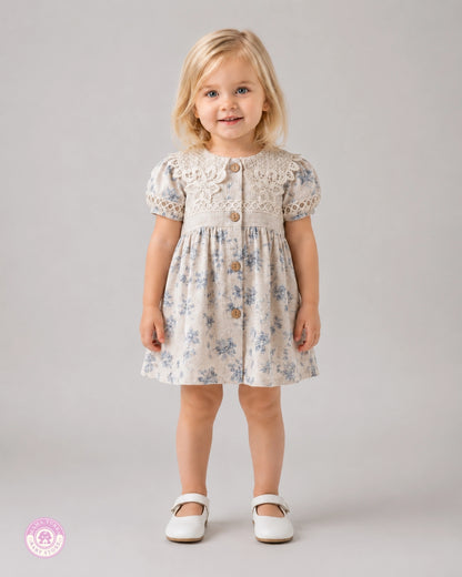 Girl wearing blue floral cotton dress with lace details