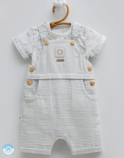Gray baby boy muslin romper set with T-shirt on hanger