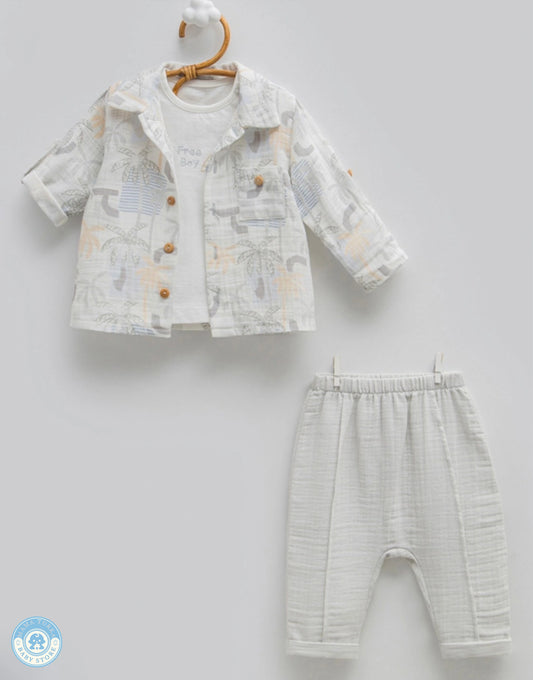 Grey boys 3-piece summer muslin set with tropical shirt and trousers
