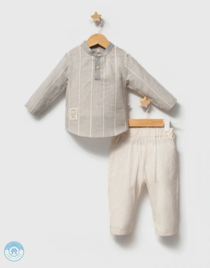 Grey boys cotton set with striped mandarin-collar shirt and trousers