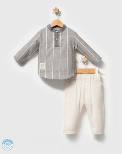 Mavi blue boys cotton set with striped mandarin-collar shirt and trousers