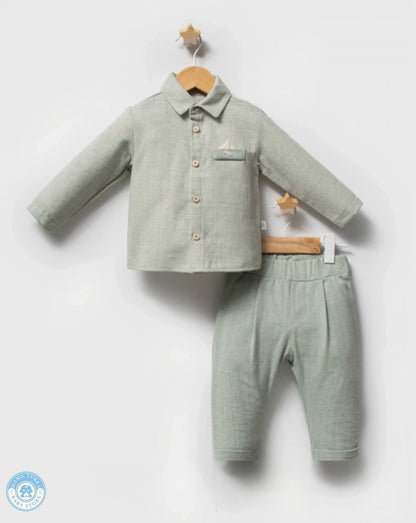 Mint baby boy suit set with cotton shirt and trousers on hanger