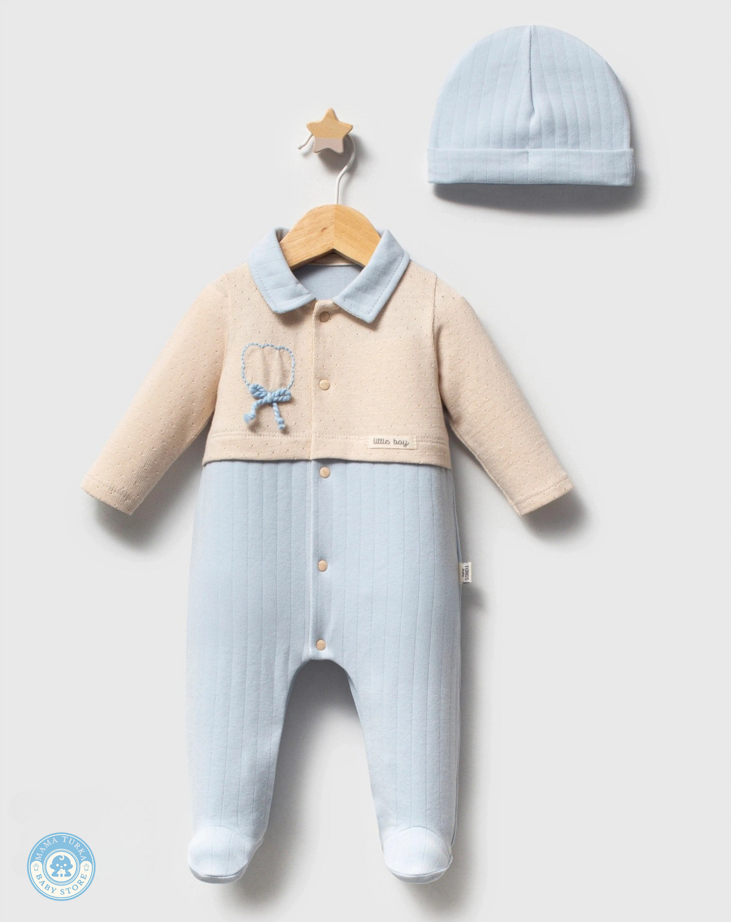 Newborn baby blue cotton sleepsuit and hat from Mama Turka gift set