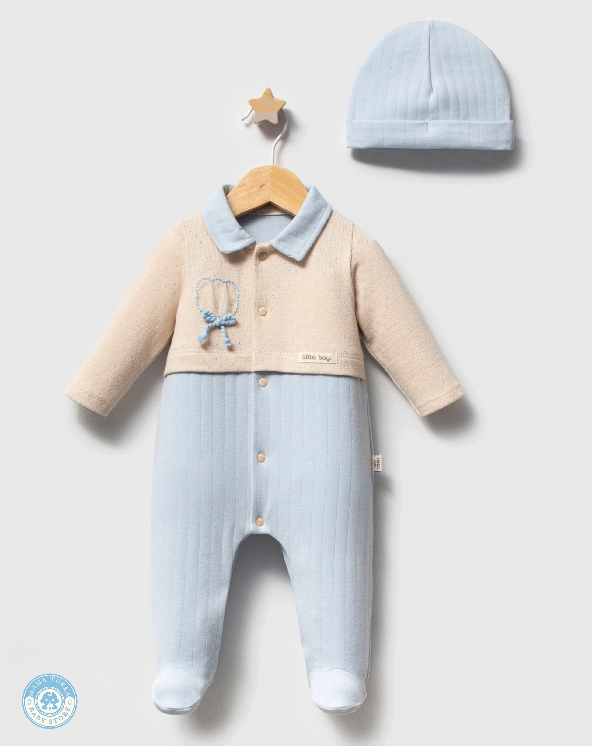 Newborn baby blue cotton sleepsuit and hat from Mama Turka gift set