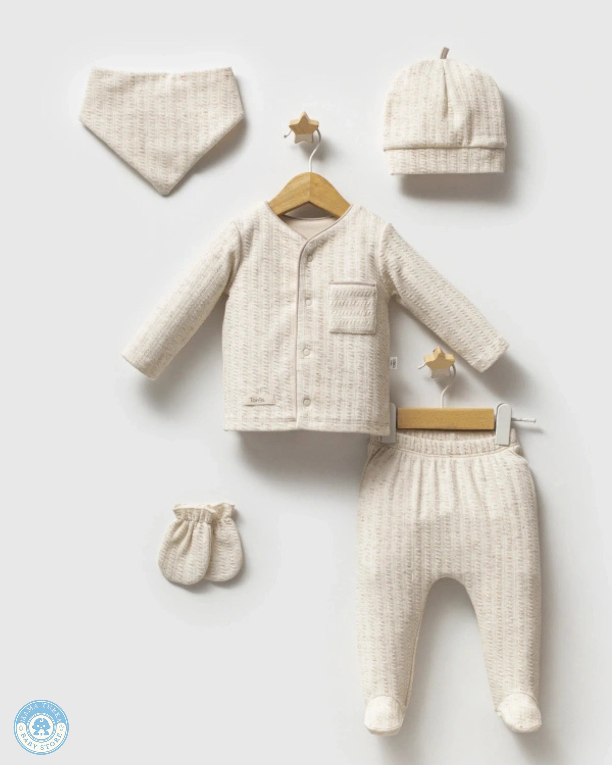 Newborn baby cotton set with top, footed pants, bonnet, mittens and bib