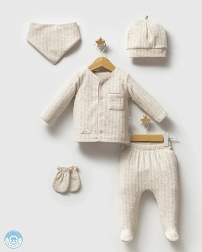 Newborn baby cotton set with top, footed pants, bonnet, mittens and bib