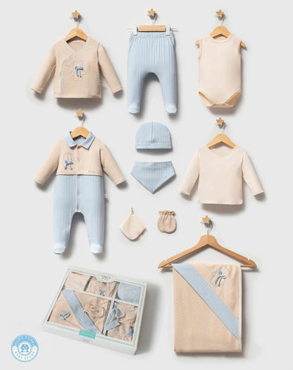 Newborn baby gift set with 10 cotton essentials in soft blue by Mama Turka