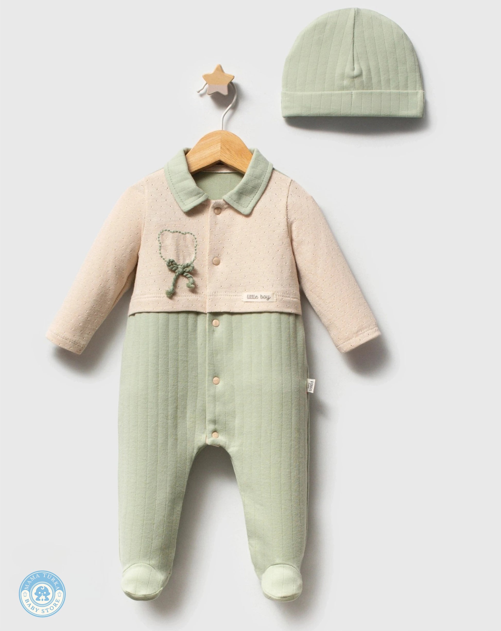 Newborn baby gift set in sage green with cotton sleepsuit, hat and accessories