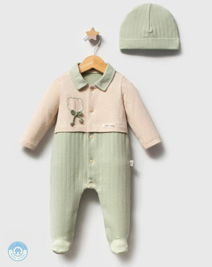 Newborn baby gift set in sage green with cotton sleepsuit, hat and accessories