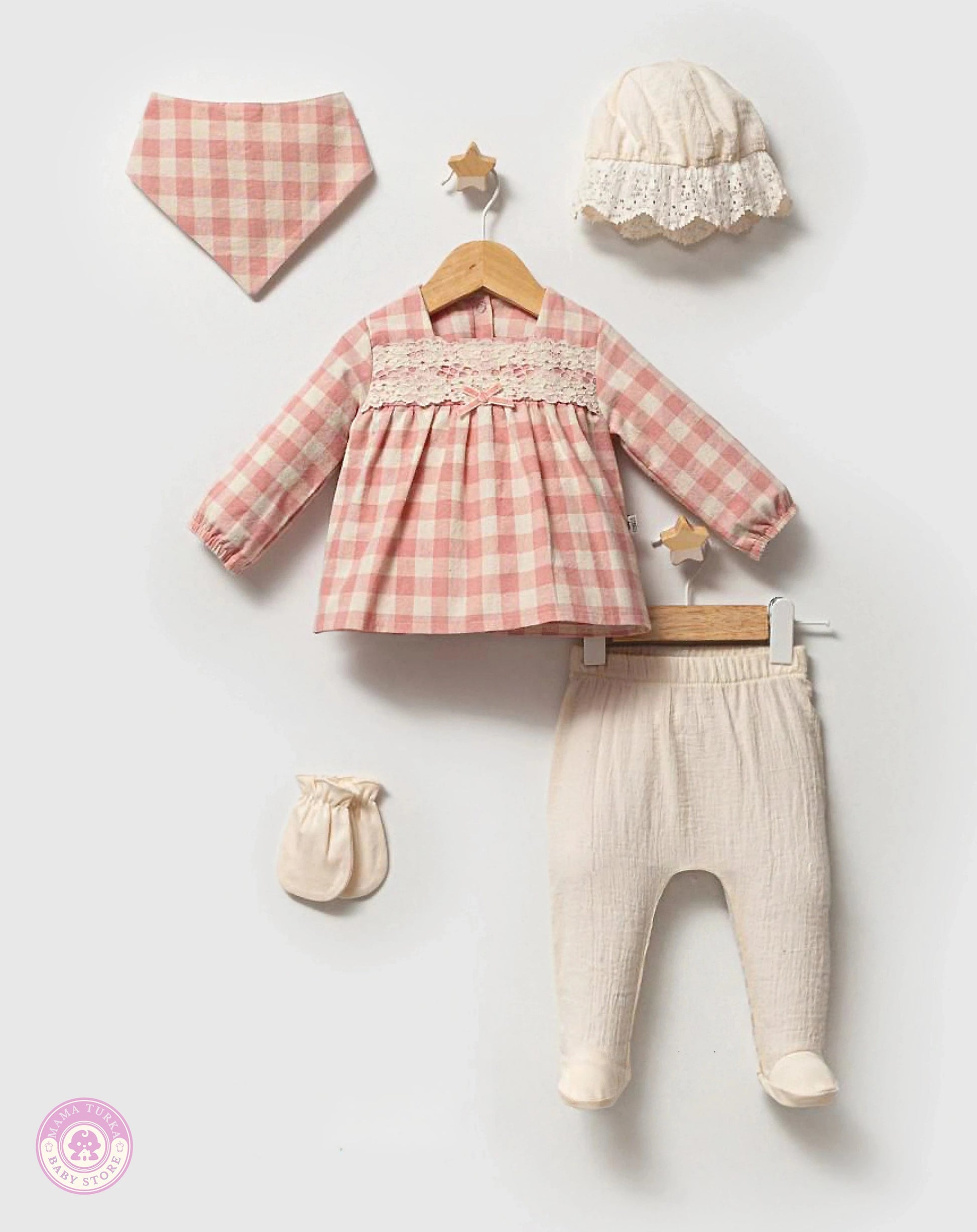 Newborn baby girl pink gingham set with blouse, footed pants, bonnet, mittens and bib