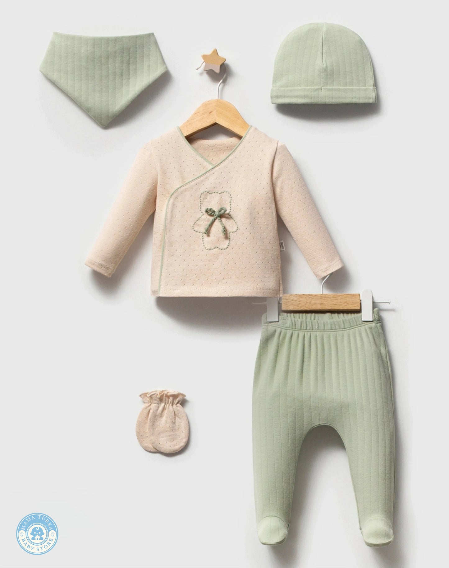 Sage green newborn baby cotton gift set with blanket, sleepsuit and matching accessories