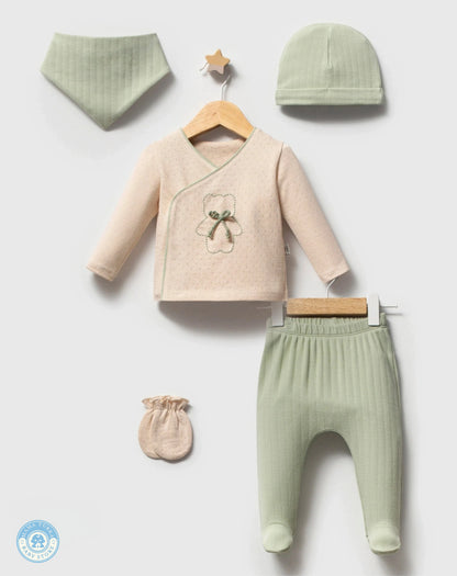 Sage green newborn baby cotton gift set with blanket, sleepsuit and matching accessories