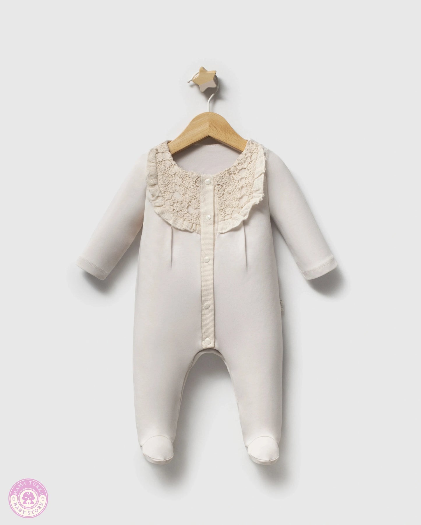 Newborn cotton romper with lace collar in elegant neutral color