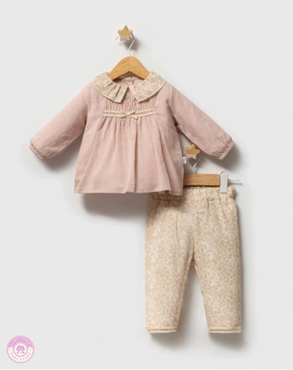 Pink baby girl outfit set with cotton blouse and floral trousers