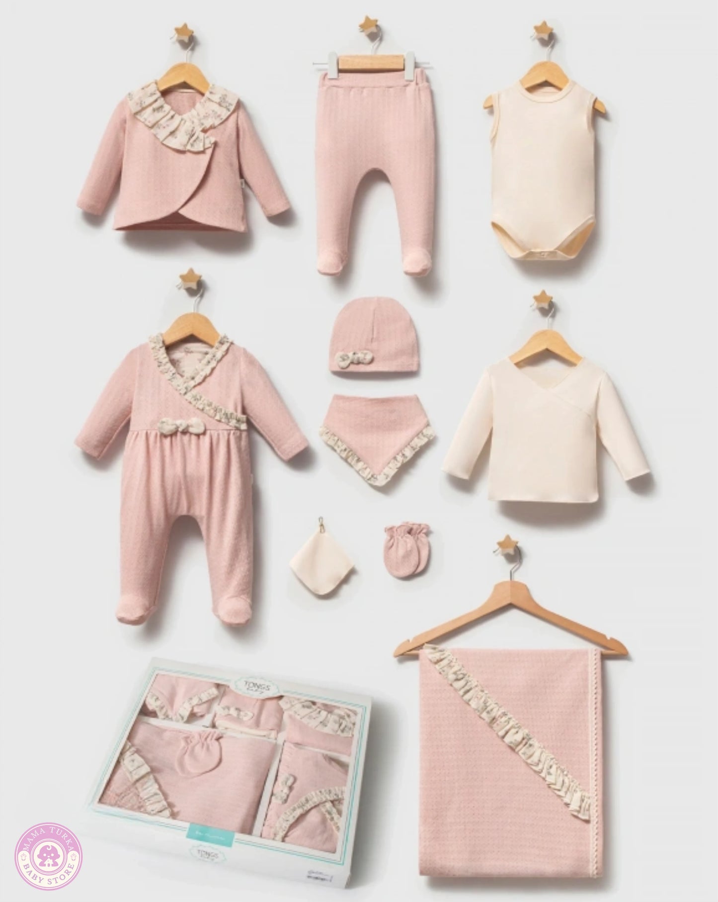 Pink newborn girl hospital set with blanket, hat and cotton essentials
