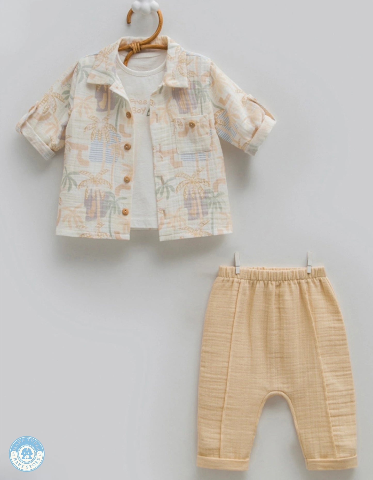 Sand beige boys 3-piece summer muslin set with tropical shirt and trousers