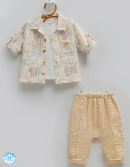 Sand beige boys 3-piece summer muslin set with tropical shirt and trousers