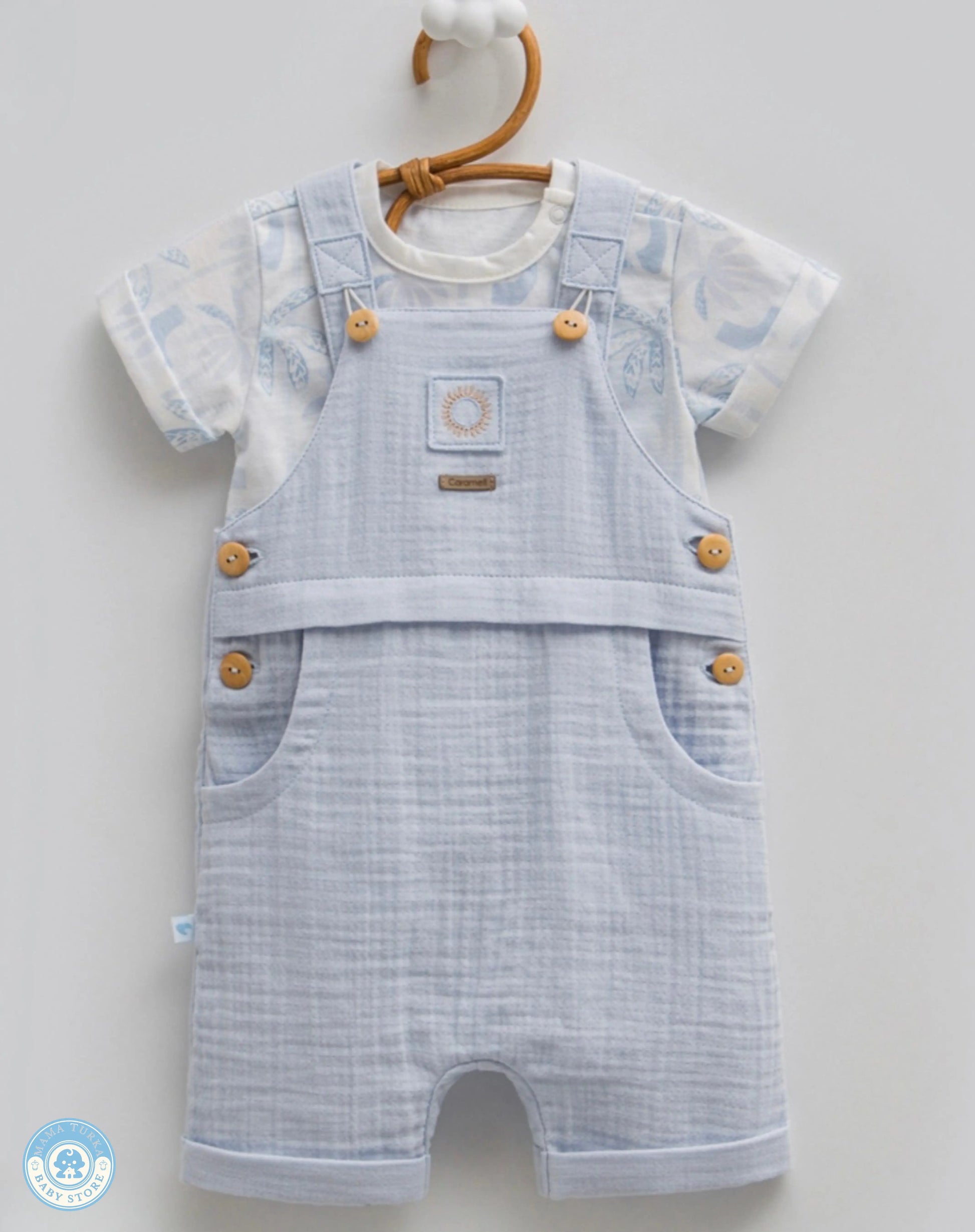 Sky blue baby boy muslin romper set with T-shirt on hanger